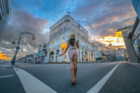 Tourist traveler in city of old town Phuket where most top 1 of tourist place in Thailand, tourist visit place of Thailandの写真素材