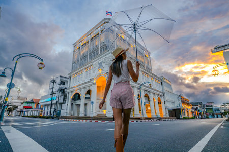 Tourist traveler in city of old town Phuket where most top 1 of tourist place in Thailand, tourist visit place of Thailandの写真素材