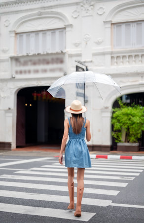 Tourist traveler in city of old town Phuket where most top 1 of tourist place in Thailand, tourist visit place of Thailandの写真素材
