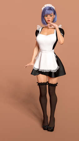 a young maid in a white apron has just made a mistake and is waiting for the master's reaction. 3D renderingの写真素材
