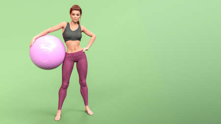 A fit girl in a top and leggings stands with a gym ball in her hands and smiles. 3D renderingの写真素材