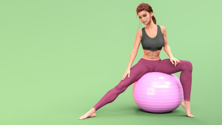 A fit girl in a top and leggings sits on a gym ball and stretches. 3D renderingの写真素材