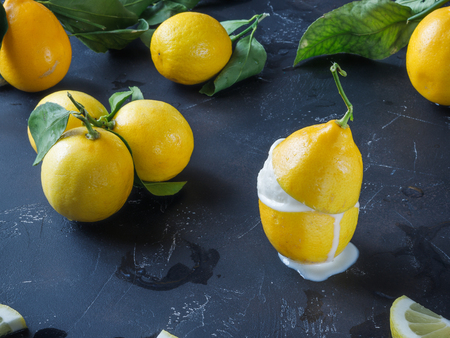 lemon ice-cream in waffle cone on a dark background. Side view. Lemons on a branch with green leaves.の写真素材