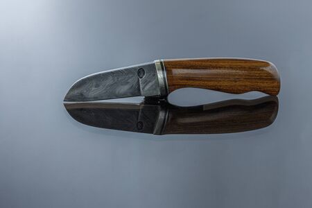 raven knife on a mirror surface, handmade, damask steel blade, wenge wood hilt
