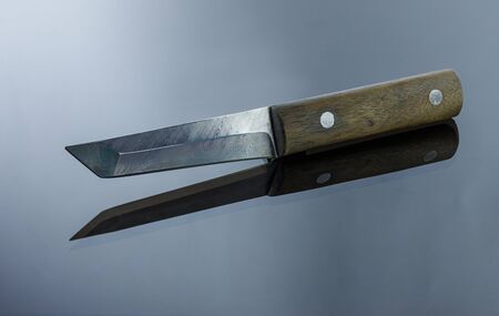 Japanese-style all-metal knife on a mirrored surface, handmade, damask blade, walnut handle