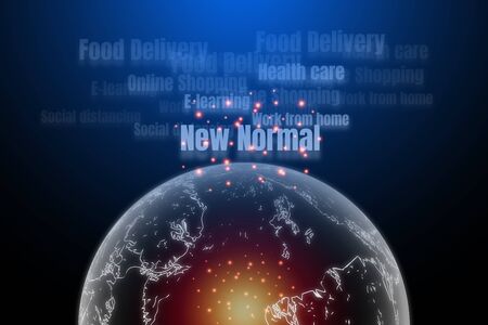 Transparent earth with white word of social distancing, food delivery, shopping online, and health care with orange light on blue and black technology background. New normal concept.の写真素材