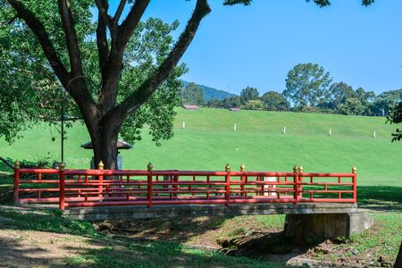 Red metal bridge in green garden and hill with blue sky.の写真素材