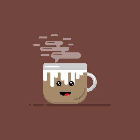 Cup of hot coffee with milk and smoke smile on brown background. Cartoon flat design. Relaxing times concept. Caffeine makes energy.のイラスト素材