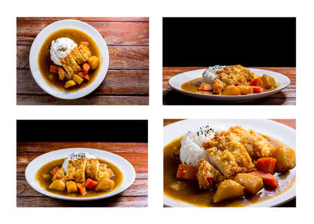 Group of position Japanese curry with rice, black sesame, carrot, potato and deep fries chicken in...