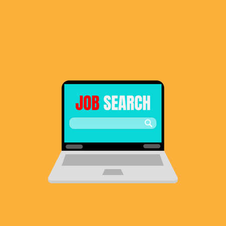 Job search concept. Laptop with red job and white search on screen and orange background.のイラスト素材