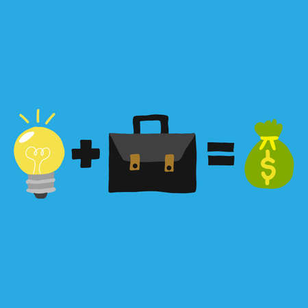 Idea and work hard to make money. Yellow light bulb with black plus and black business bag and green money bag on a blue background.のイラスト素材