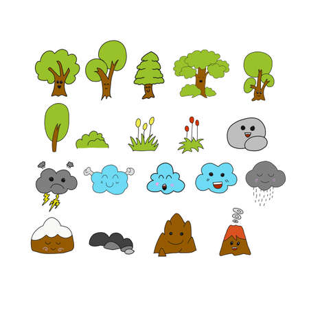 Group of trees, sky, stone, and mountain isolated on white background. Nature concept. Hand drawing cute natural.のイラスト素材