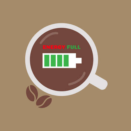 Energy full concept. Top view cup of coffee and coffee bean with green battery on brown background.のイラスト素材