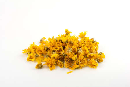 Chinese herbal concept Group of dried Chrysanthemum isolated on white background.の写真素材