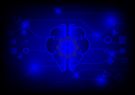 Digital brain and artificial intelligence concept. Human brain shape with line on blue technology background.のイラスト素材