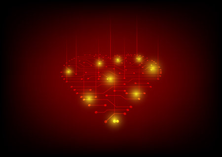 High technology concept. Red heart and circuit board on red background with yellow light. Technology banner, electric model, creative idea, digital valentine.のイラスト素材