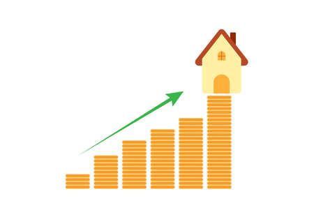 Save and investment concept for home. Gloden coins stack with house isolated on white background. Business success and financial growth in the future.のイラスト素材