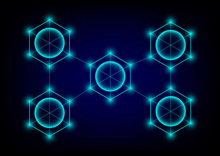 Blockchain concept. Transparent Globe and blue hexagonal ring on dark background. Big data flow...