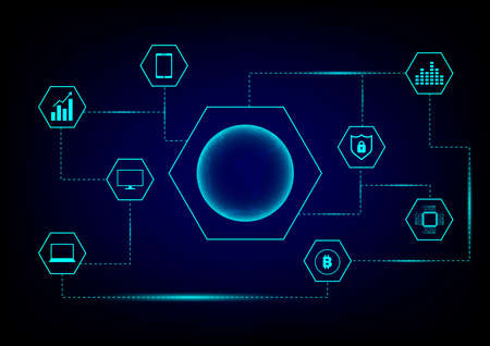 Blockchain concept. Transparent Globe and blue hexagonal ring and technology icon on dark...