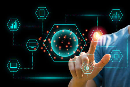 Blockchain concept. Finger touching on transparent Globe and blue hexagonal ring and technology icon...