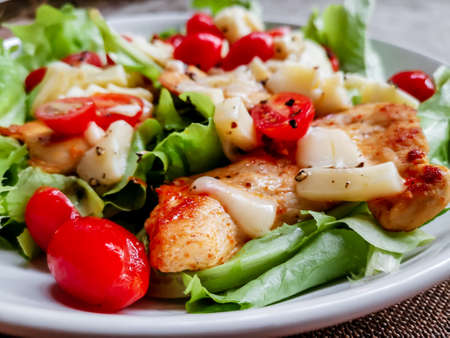 Healthy food concept. Grilled chicken breast salad with fresh red tomato, green lettuce, and mozzarella cheese on a white dish on wooden table.の写真素材