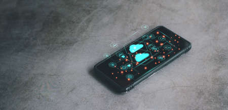 Cloud data storage interface concept. Smartphone or mobile with virtual screen of cloud computing, wifi, money, data, and lock security Communication of business and financial.の写真素材