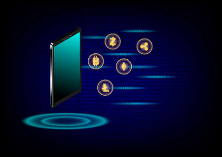 Business and technology concept. Cryptocurrency coin and smartphone or mobile on binary code background. Big data information exchanges digital currency and online payment.の写真素材