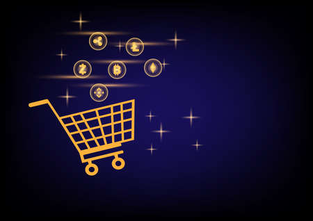 Business and technology concept. Gold cryptocurrency and shopping cart on dark blue background. Big data information exchanges digital currency and online payment.のイラスト素材