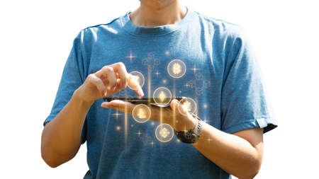 Business and technology concept. Finger touching on smartphone with virtual scene popup...