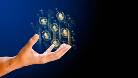 Business and technology concept. Hand-holding cryptocurrency coin and blockchain technology...