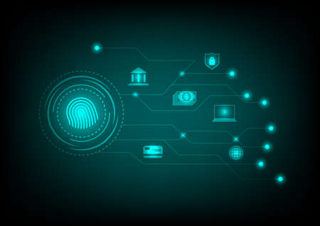 Business and security concept. Fingerprint security with the bank, credit card, laptop, an icon for protecting money on the green line, and dot technology background.のイラスト素材