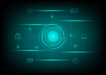 Business and security concept. Fingerprint security with the bank, credit card, laptop, an icon for protecting money on the green line, and dot technology background.のイラスト素材