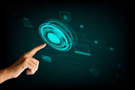 Business and security concept. Finger touching on fingerprint security with the bank, credit card,...