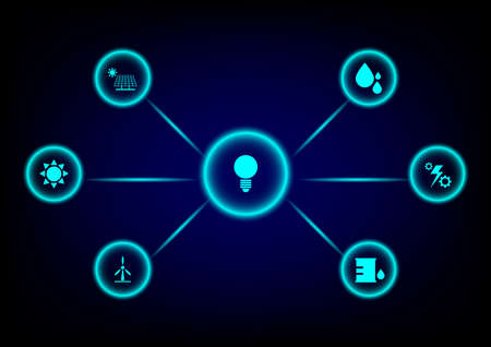 Flow chart of green icon of energy resource, solar cell, wind, fossil fuel, sun, nuclear, hot spring on blue and black background. Energy concept.のイラスト素材