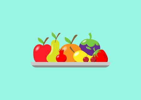 Healthy food concept. Variety of fruit (orange, apple, strawberry, pomegranate, pear, cherry, and mangosteen) on tray and green background. High vitamin and fiber.のイラスト素材
