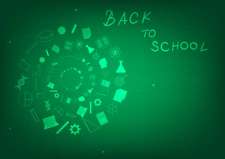 Back to school concept. Education icon and study accessories with a green blackboard.のイラスト素材