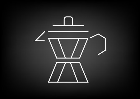 Food and drink logo. Minimalistic white line art of Moka pot or coffee maker illustration on black background, banner.のイラスト素材