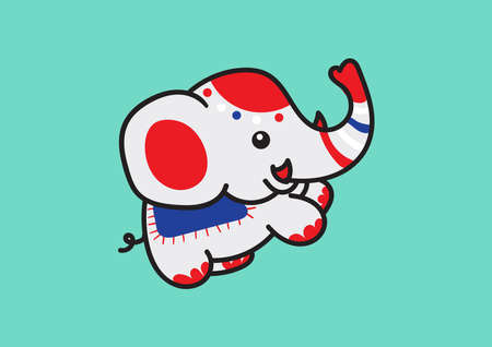 Cute cartoon elephant. Cheerful elephant with red, white, and blue color on a green background.のイラスト素材