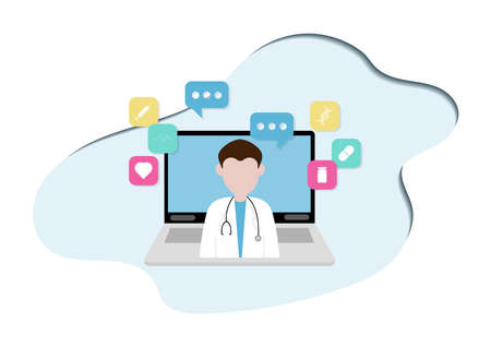 Telemedicine and health care concept. Doctor and stethoscope on the screen of laptop on blue background with popup icon of medicine, injection, vaccine, and heart. Online medical at home.のイラスト素材