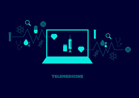 Telemedicine and health care concept. Injection and vaccine bottle on the screen of laptop or computer on blue background with popup icon of medicine, stethoscope, and heart. Online medical at home.のイラスト素材