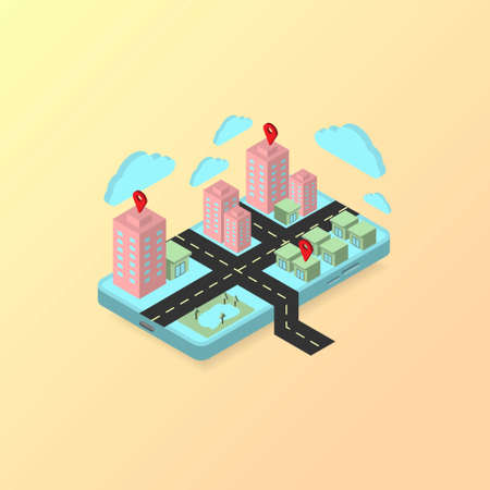 Navigation or GPS concept. Isometric mobile or smartphone with pink and green building and nature...