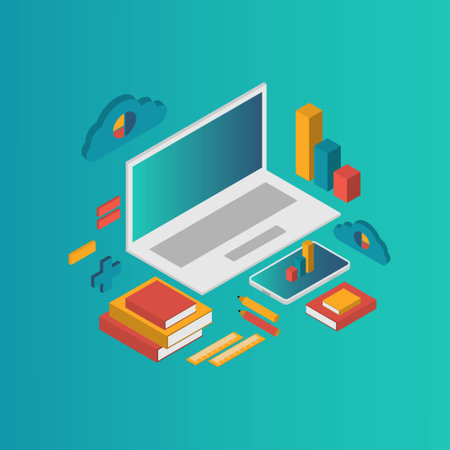 E-learning concept. Isometric of a laptop with mobile or smartphone, pencil, graph, book ,and cloud...