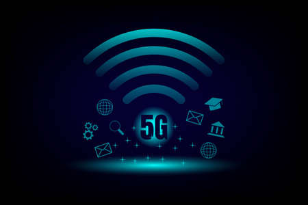 Communication and technology concept. 5G and wifi symbol and business icon on blue and dark...