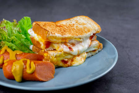 American breakfast concept. Sandwich with melting cheese and blurry sausage and fresh lettuce on a...