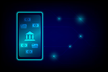 Internet banking and financial concept. Mobile phone with a credit card and banknote icon on dark blue background. Mobile payment. Shopping online.の写真素材