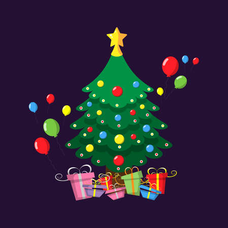 Christmas and New years celebrate concepts. Big Christmas tree and a golden star on top with colorful gift box or present and balloon on purple background.のイラスト素材