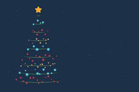 Lights green shiny Christmas tree with a golden glowing star on top and white glitter star on dark blue background. Holiday celebration. Bright light decoration.のイラスト素材