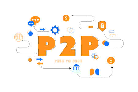 The letter or word of p2p (peer to peer) with the icon for presentation, web banner, article. Cryptocurrency transfer money and high-security concept.のイラスト素材