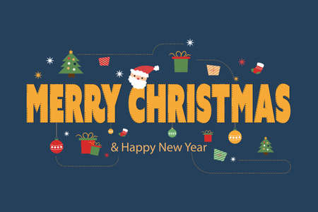 The lettering or word Merry Christmas and happy new year with Christmas decoration on dark blue background. For presentation, web banner, article, greeting card, and book cover.のイラスト素材