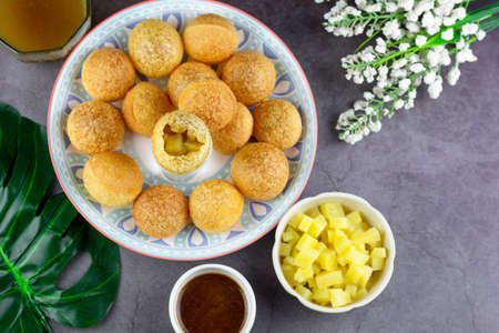 Indian traditional snack. Flat lay Pani puri with boiled potato and sauce.の写真素材